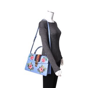 GUCCI Leather Embroidered Medium Sylvie Shoulder Bag Blue | AlmaBagz