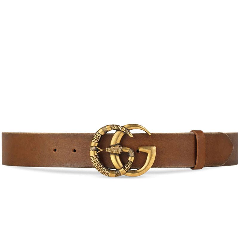 Gucci 458949 CVEOT 2535 Belt Brown Leather with Gold Double GG Snake Buckle (GGB1002) | AlmaBagz