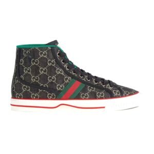 Gucci 625807 UN310 1290 Men's Shoes Black & Ivory Jacquard Denim Tennis 1977 High-Top Sneakers (GGM1735) | AlmaBagz