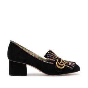 Gucci Embellished 501444 Women's Black Suede Leather Block Heel Pumps (GGW2900) | AlmaBagz