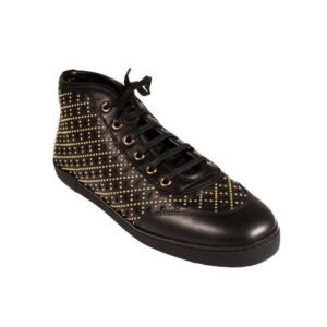 Gucci Women's Designer Shoes Black Leather Laser Cut Brass Studded High-Top Sneakers (GGW3000) | AlmaBagz