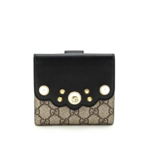 Gucci Beige GG Supreme Monogram Pearl Studded Compact Wallet | AlmaBagz