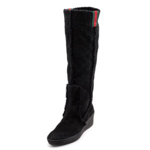 Gucci Black Suede Guccissima Web Accent Wedge Boots Size 8 | EU 38 | AlmaBagz