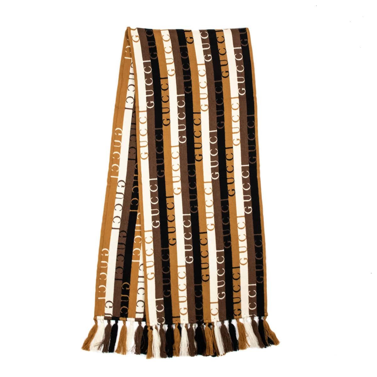 Gucci Black & Beige Striped Signature Logo Wool Scarf | AlmaBagz