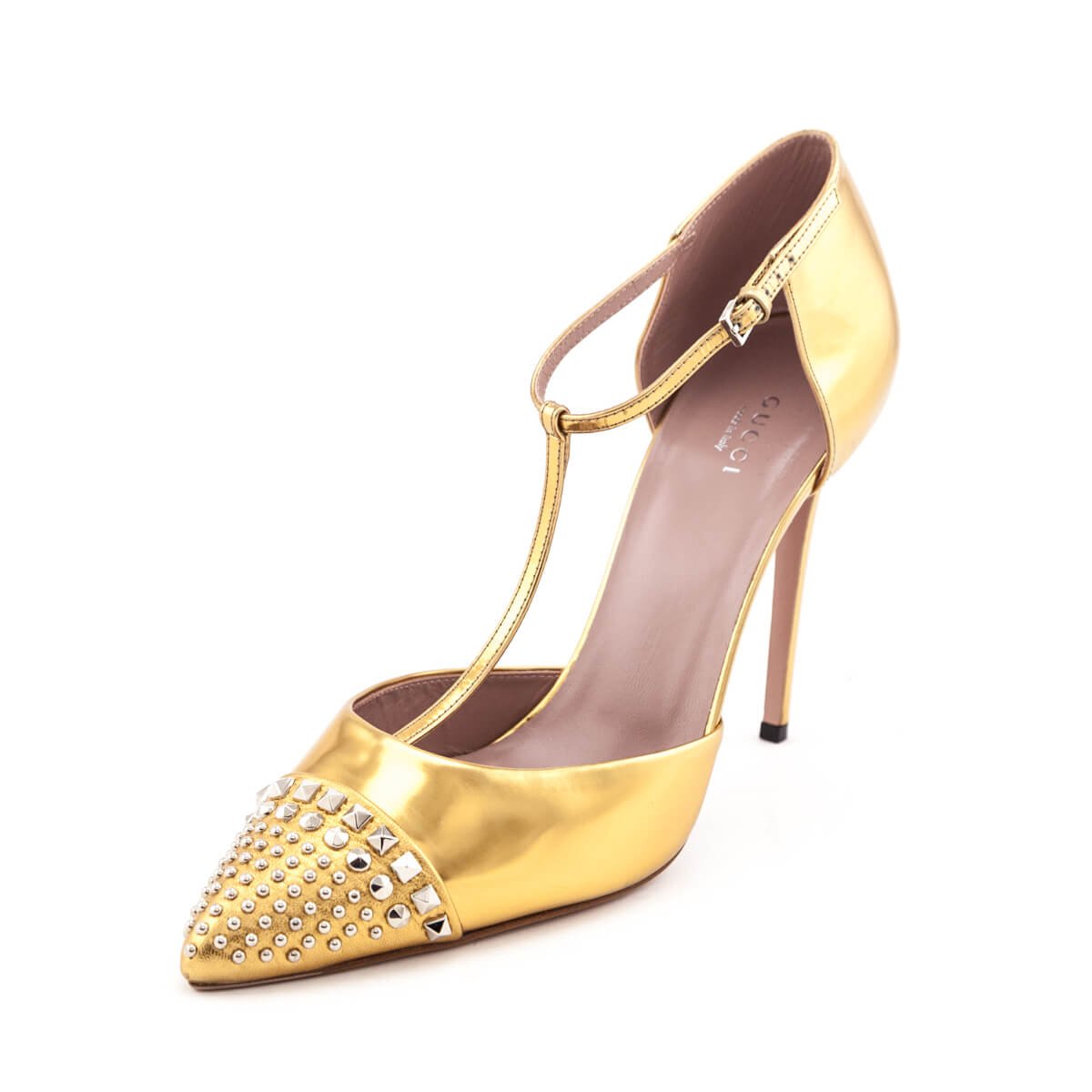 Gucci Gold Studded T-Bar Pumps Size US 11.5 | EU 41.5 | AlmaBagz