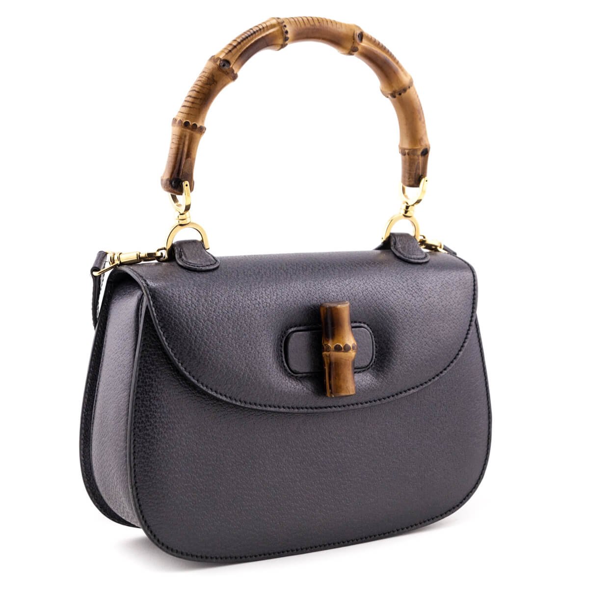 Gucci Gray Grained Calfskin Bamboo Top Handle Bag | AlmaBagz
