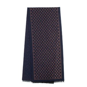 Gucci Navy & Bronze Wool Blend Jacquard Stenix GG Monogram Scarf | AlmaBagz