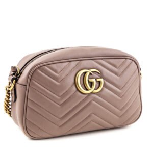 Gucci Porcelain Rose Calfskin Matelasse Small GG Marmont Chain Shoulder Bag | AlmaBagz