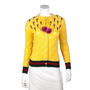 Gucci Yellow Wool Rose Embroidered Mink Pom Pom Crochet Cardigan Size XS | AlmaBagz