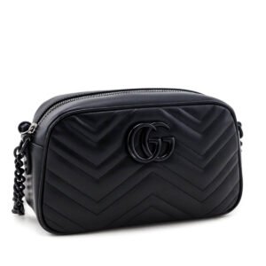 Gucci Black Calfskin Matelasse Small GG Marmont Chain Shoulder Bag | AlmaBagz
