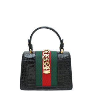 Gucci Shiny Black Alligator Sylvie Mini Top Handle Bag | AlmaBagz