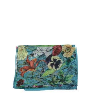 Gucci Blue Multicolor Flower Print Cashmere Shawl | AlmaBagz