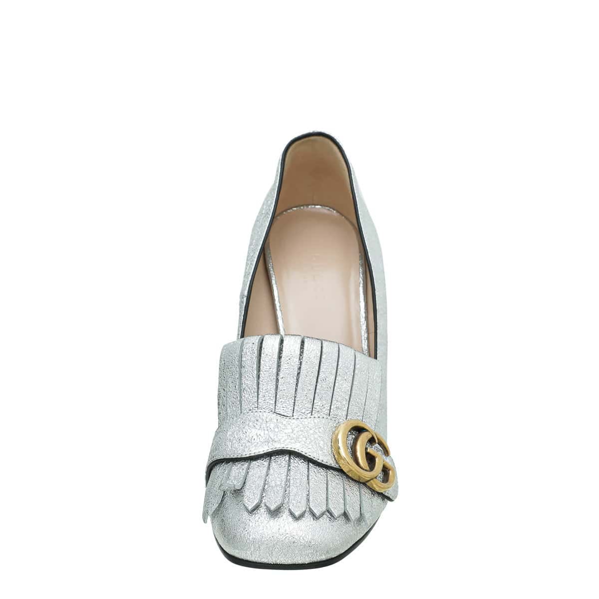 Gucci Silver Metallic Laminate GG Marmont Fringe Loafers Pumps 38 | AlmaBagz