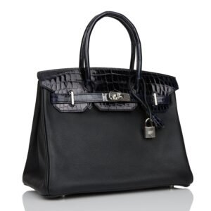 Hermes Birkin 30 Bleu Marine Shiny Niloticus Crocodile and Black Novillo Touch Palladium Hardware | AlmaBagz