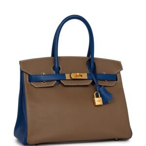 Hermes Special Order (HSS) Birkin 30 Etoupe and Bleu Saphire Chevre Brushed Gold Hardware | AlmaBagz