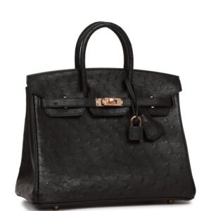 Hermes Birkin 25 Black Ostrich Rose Gold Hardware | AlmaBagz