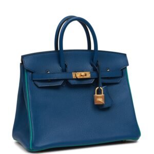 Hermes Special Order (HSS) Birkin 25 Bleu Saphir and Vert Vertigo Chevre Brushed Gold Hardware | AlmaBagz