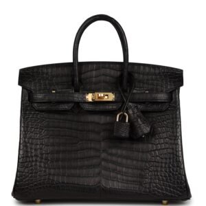 Hermes Birkin 25 Black Matte Porosus Crocodile Gold Hardware | AlmaBagz
