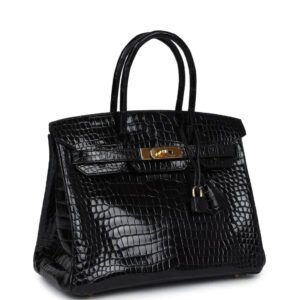Hermes Birkin 25 Leather Gold Hardware Handbag Bag for Women (Black Shine) | AlmaBagz