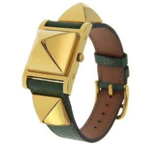 HERMES Watches Quartz Plated Gold , Leather green Medor White dial Women Used | AlmaBagz