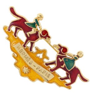 HERMES Brooch Plated Gold wine-red Cloisonne dog and girl Women Used | AlmaBagz