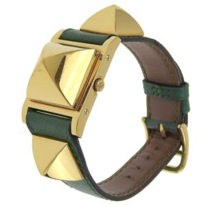 HERMES Watches Quartz Plated Gold , Leather green Medor White dial | AlmaBagz