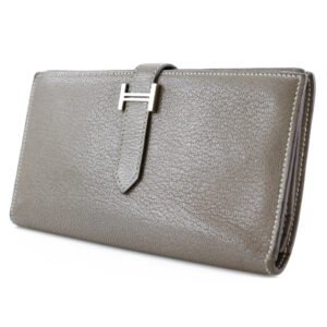 HERMES Long Wallet Purse Shave Grey SilverMetal Bane Souffle Women Used | AlmaBagz