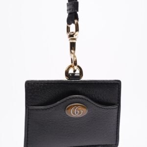 Gucci Card Holder/ ID Badge With Lanyard Black Leather | AlmaBagz