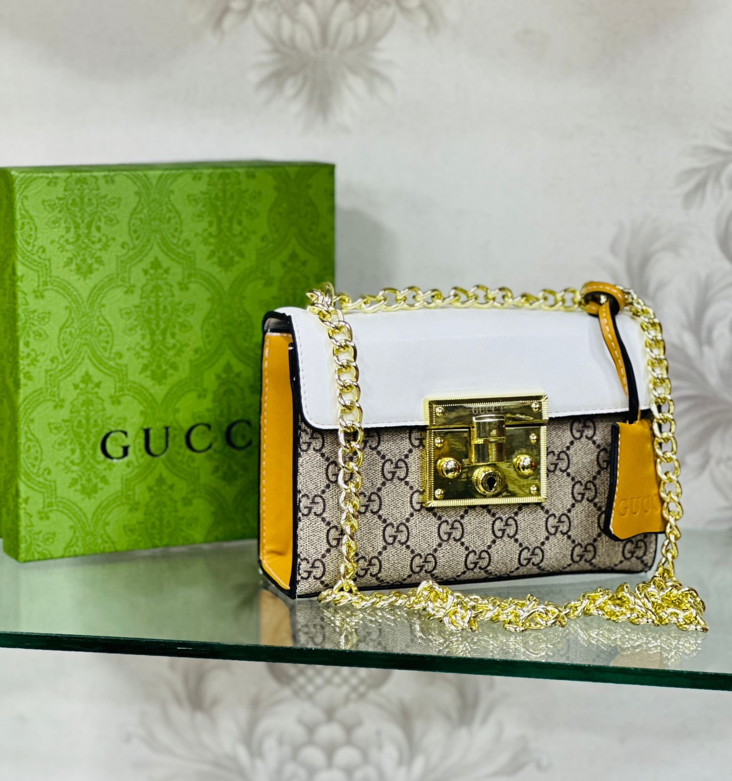 Gucci Padlock Master Quality Crossbody Bag with Lock and Key (Orange+white) | AlmaBagz