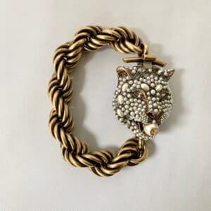 Gucci Chunky Feline Head Bracelet with Crystals in Gold | AlmaBagz