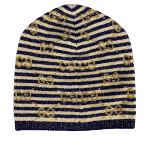 Gucci Knit Beanie in Blue and Ivory with Gold Lamé | AlmaBagz