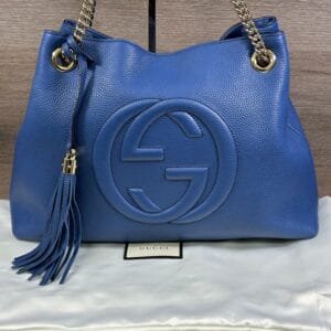 Gucci Soho Blue Caspian Gold Double Chain - Hobo Leather Shoulder Bag | AlmaBagz