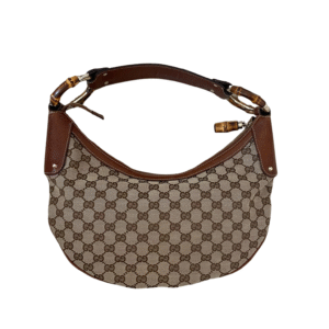 Gucci GG Bamboo Beige & Dark Brown Jacquard & Leather HandBag | AlmaBagz