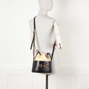 GUCCI Horsebit 1955 Bucket Bag Black Beige | AlmaBagz