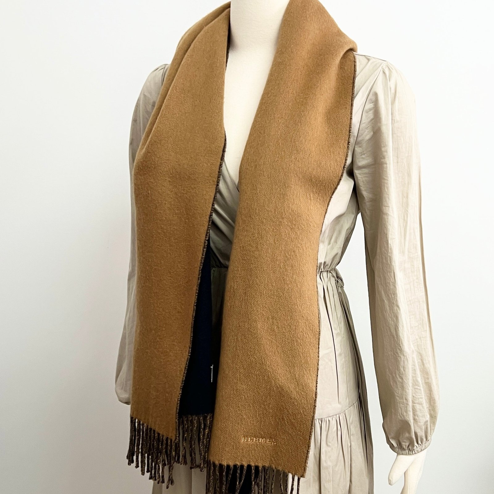 Hermes Reverse Cashmere Scarf Camel/Marine | AlmaBagz