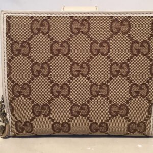 Gucci GG Monogram and Beige Leather Wallet with Zip Pocket and Box | AlmaBagz