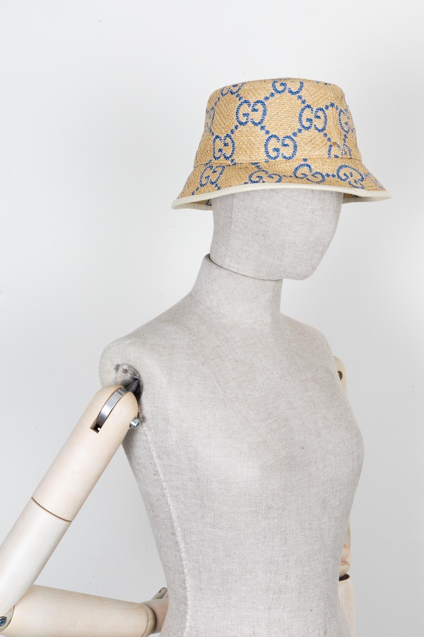 GUCCI GG Bucket Hat Raffia Beige Blue | AlmaBagz
