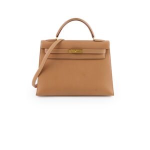 Hermes Kelly 32 Cushbell Natural Gold Circle W Stamp | AlmaBagz