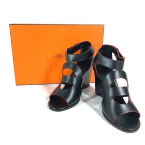 HERMES Sandals leather black Shoes Heels Bicolor Chene Dunkle Women 37 Used | AlmaBagz