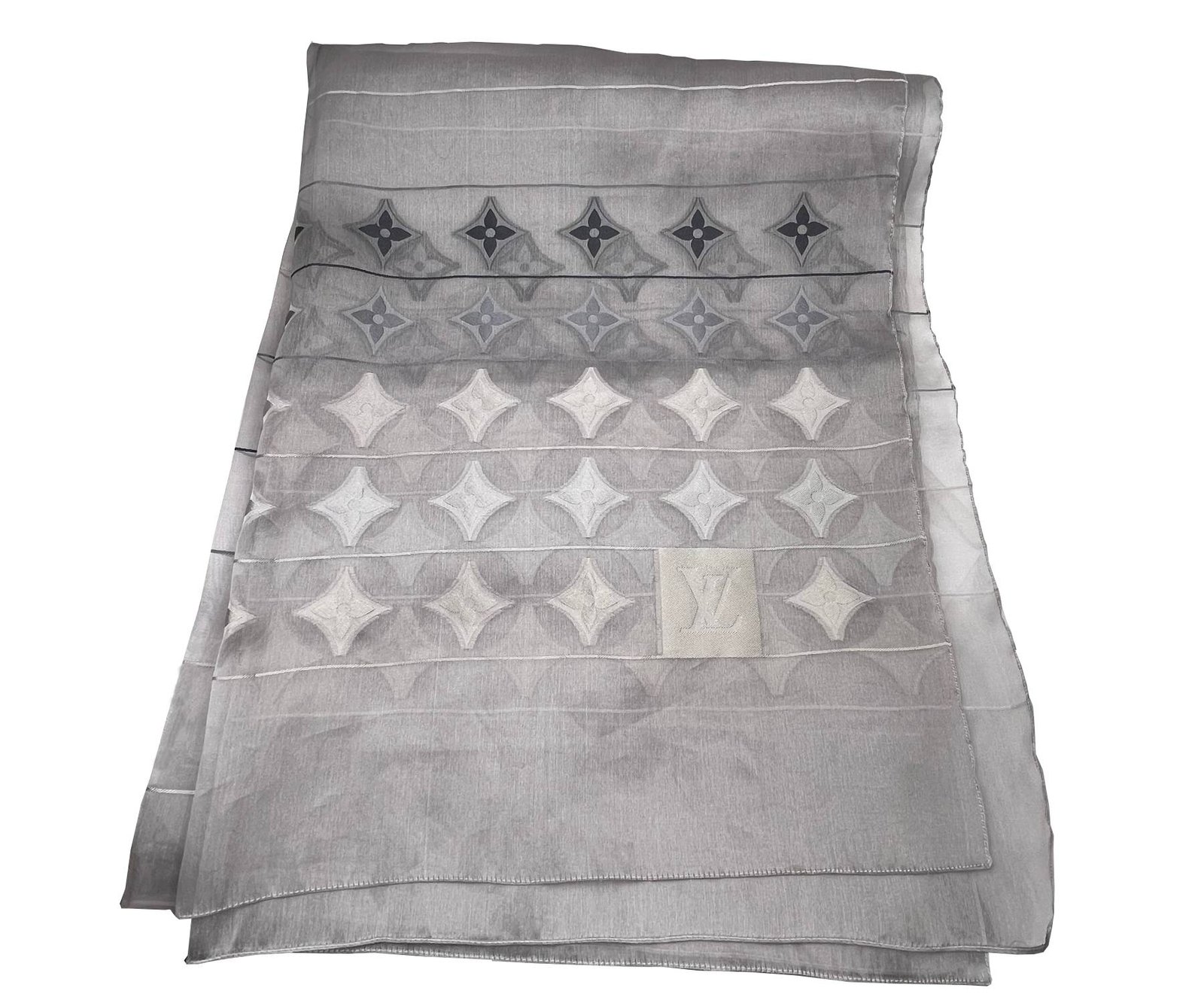 LOUIS VUITTON Silver Grey Silk Organza Pattern Long Scarf | AlmaBagz - Image 3