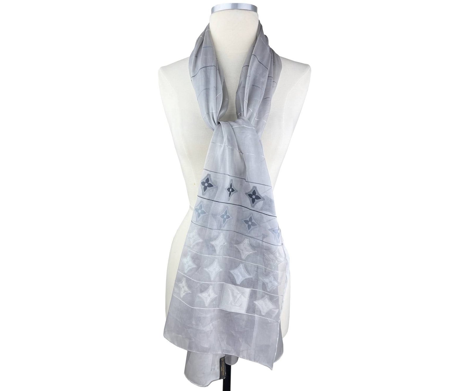 LOUIS VUITTON Silver Grey Silk Organza Pattern Long Scarf | AlmaBagz