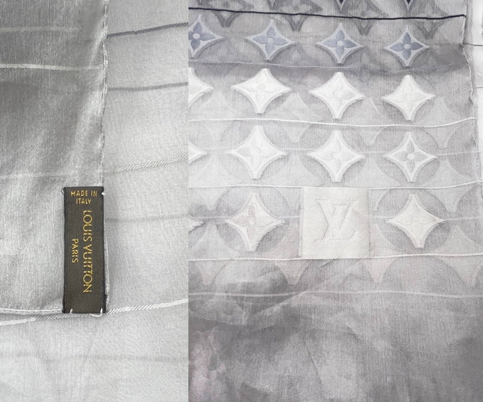 LOUIS VUITTON Silver Grey Silk Organza Pattern Long Scarf | AlmaBagz - Image 2