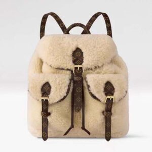 Louis Vuitton LV Unisex Backpack Cream Brown Shearling Monogram-Canvas Textile Lining | AlmaBagz