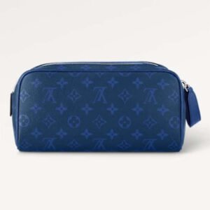 Louis Vuitton LV Unisex Dopp Kit Toilet Pouch Blue Taiga Cowhide Leather Monogram Coated Canvas | AlmaBagz