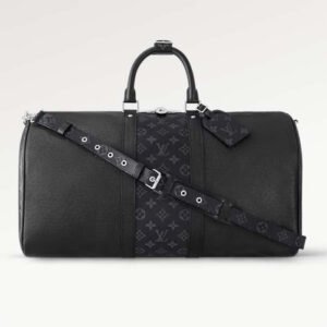 Louis Vuitton LV Unisex Keepall 50 Bandoulière Black Cabin-Size Taiga Cowhide Leather Monogram Eclipse Coated Canvas | AlmaBagz