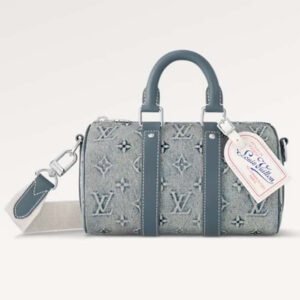 Louis Vuitton LV Unisex Keepall Bandoulière 25 Monogram Washed Denim Canvas Cowhide Leather | AlmaBagz