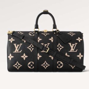 Louis Vuitton LV Unisex Keepall Bandoulière 45 Black Beige Monogram Empreinte Embossed Leather | AlmaBagz