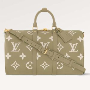 Louis Vuitton LV Unisex Keepall Bandoulière 45 Kaki Fango Cream Monogram Empreinte Embossed Cowhide Leather | AlmaBagz