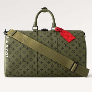 Louis Vuitton LV Unisex Keepall Bandoulière 45 Khaki Green Vermillion Red Monogram Coated Canvas | AlmaBagz