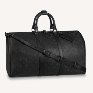 Louis Vuitton LV Unisex Keepall Bandoulière 50 Bag Black Monogram Shadow Embossed Leather | AlmaBagz
